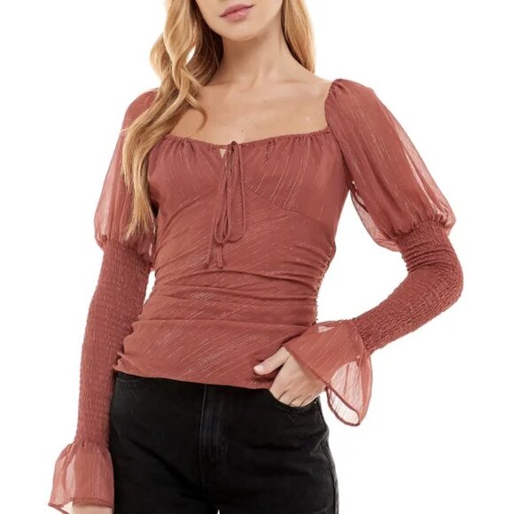 NWT Wayf Smocked Puffed Sleeve Chiffon Top in Cinnamon w/ Metallic Threads - Picture 1 of 3